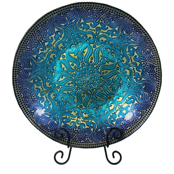 Topkapi Other - Turkish Topkapi Collection Peacock Art Glass 13" Round Bowl Reverse Enamel Blue